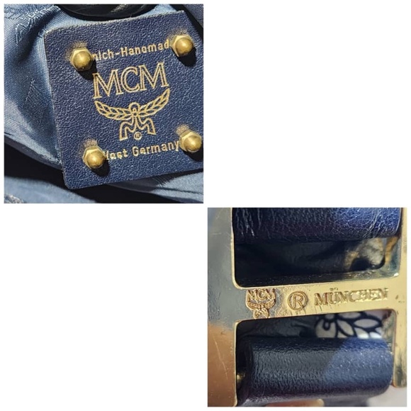 Authentic MCM Vintage Coated Canvas visetos Handle Bag Navy Blue/White - Picture 6 of 14